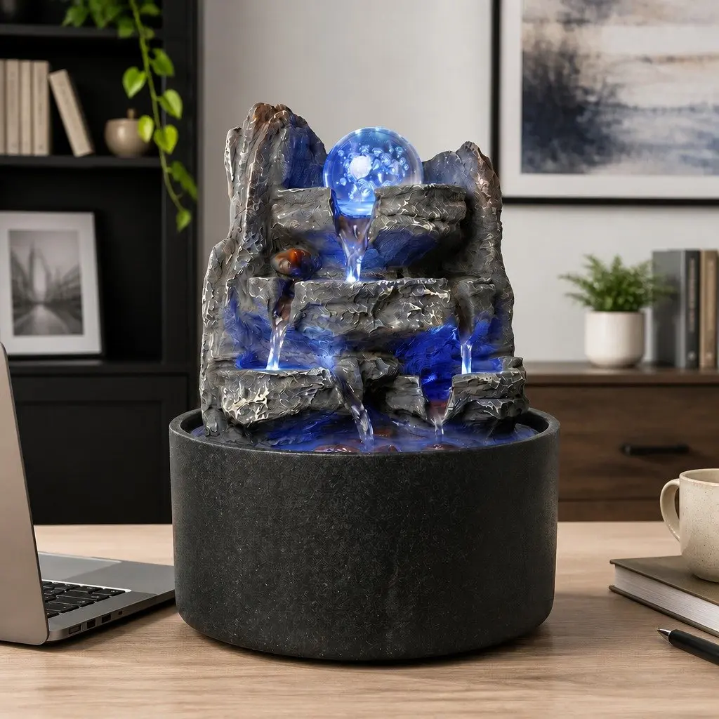 Tabletop Water Fountain Resin LED Light 19cm x 19cm x 24cm 3 Flow Levels Waterfall Desktop Office