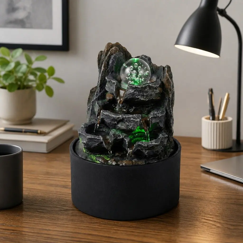 Tabletop Water Fountain Resin LED Light 19cm x 19cm x 24cm 3 Flow Levels Waterfall Desktop Office