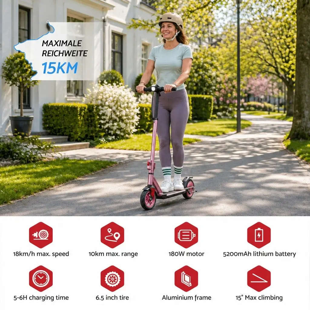 Electric Scooter 180W Pink Adjustable Height Foldable Portable