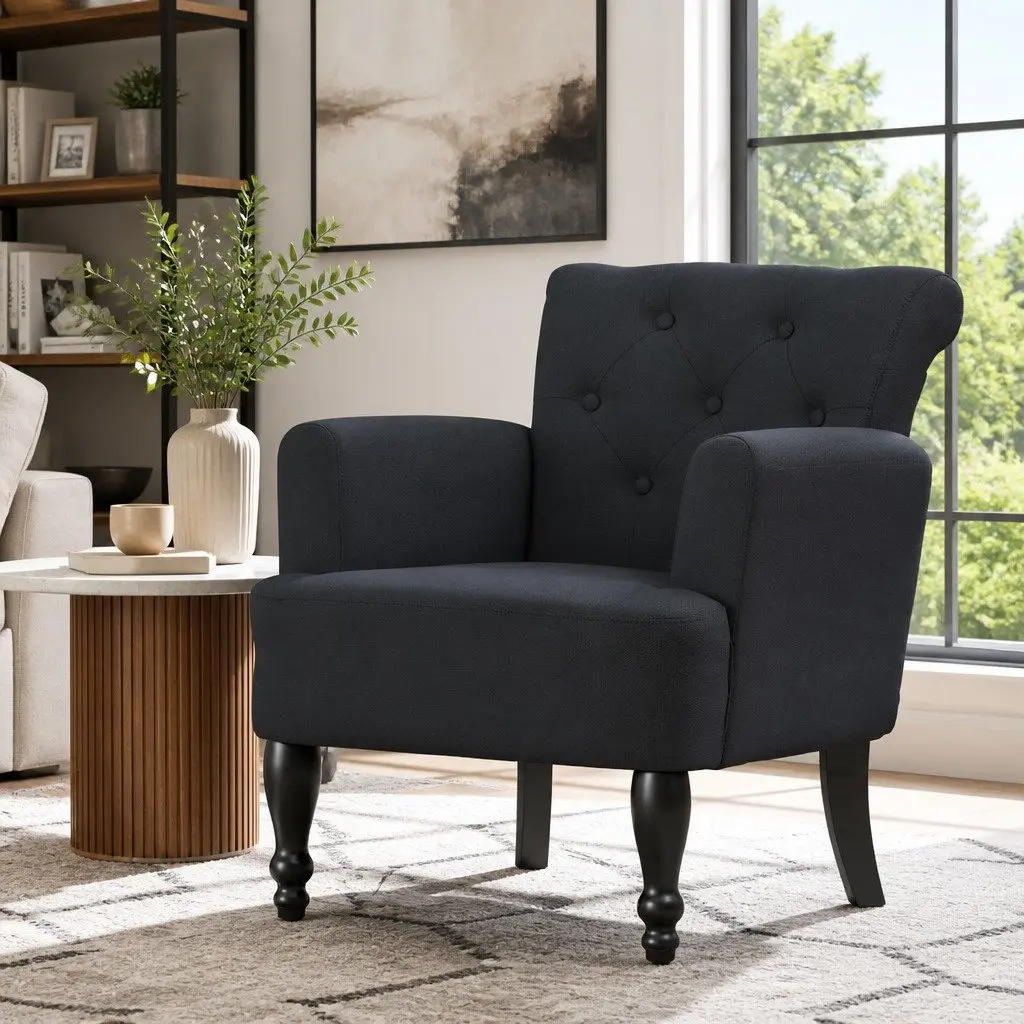 Wingback Armchair Black with Tufted Buttons