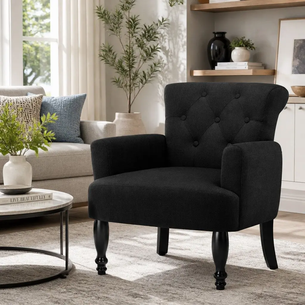 Wingback Armchair Black with Tufted Buttons