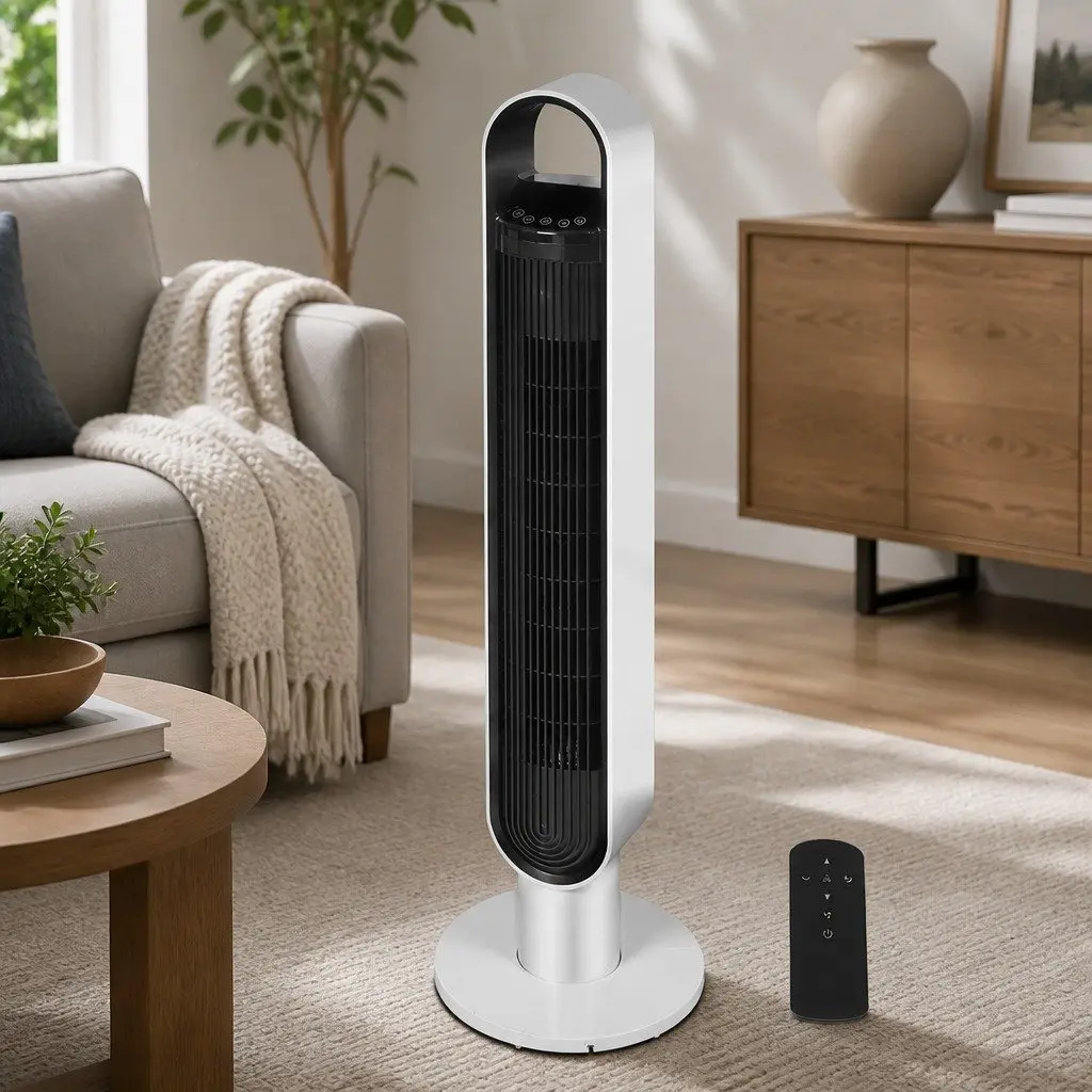Tower Fan Portable Oscillating White Remote Control 80 Degree Swivel 3 Speed