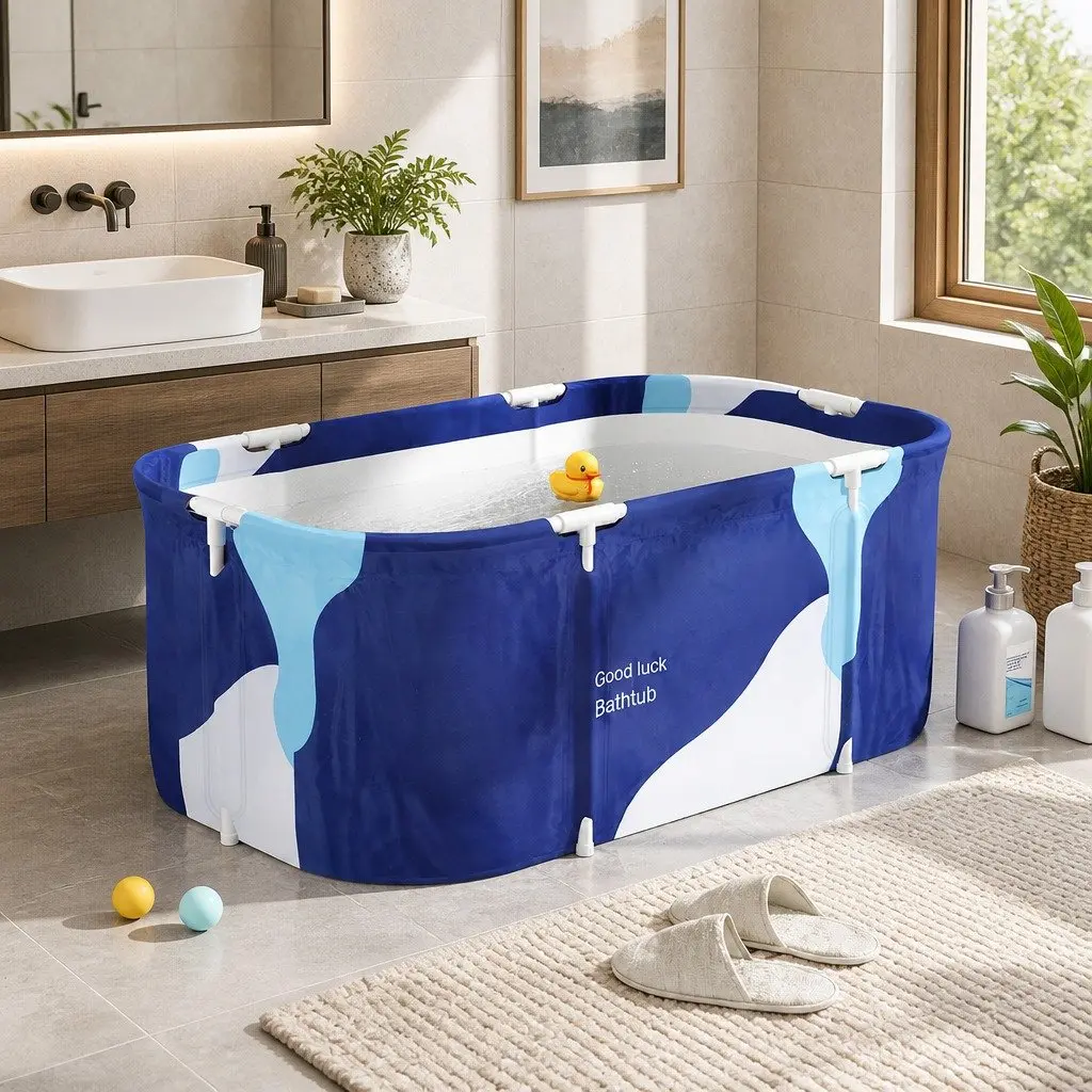 Inflatable Portable Bathtub Extra Large PVC 114x62cm Navy Blue Foldable Spa with Pillow Air Pump and Water Cushion