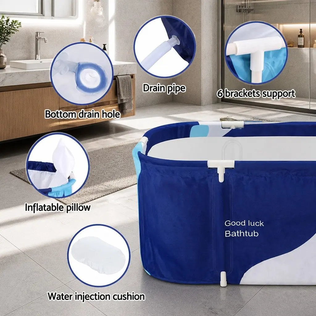Inflatable Portable Bathtub Extra Large PVC 114x62cm Navy Blue Foldable Spa with Pillow Air Pump and Water Cushion