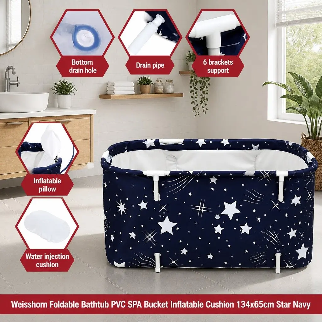Foldable Bathtub Navy Blue Inflatable PVC 134x65cm