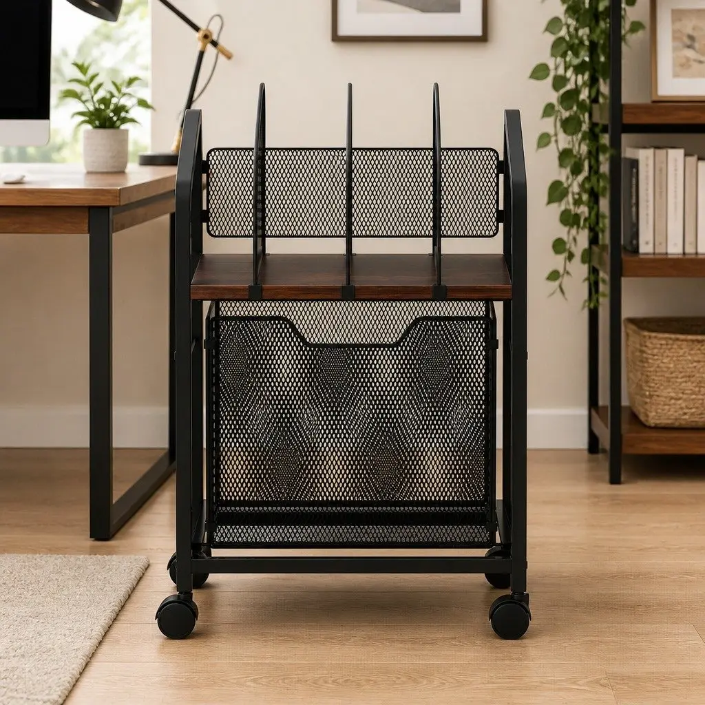 Mobile Filing Cabinet Compact Black with Solid Wood Top and Locking Wheels