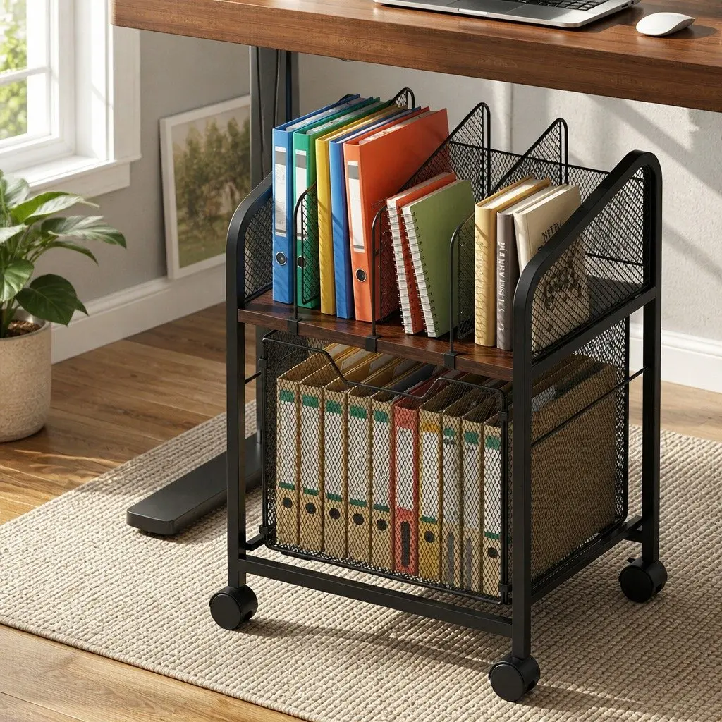 Mobile Filing Cabinet Compact Black with Solid Wood Top and Locking Wheels
