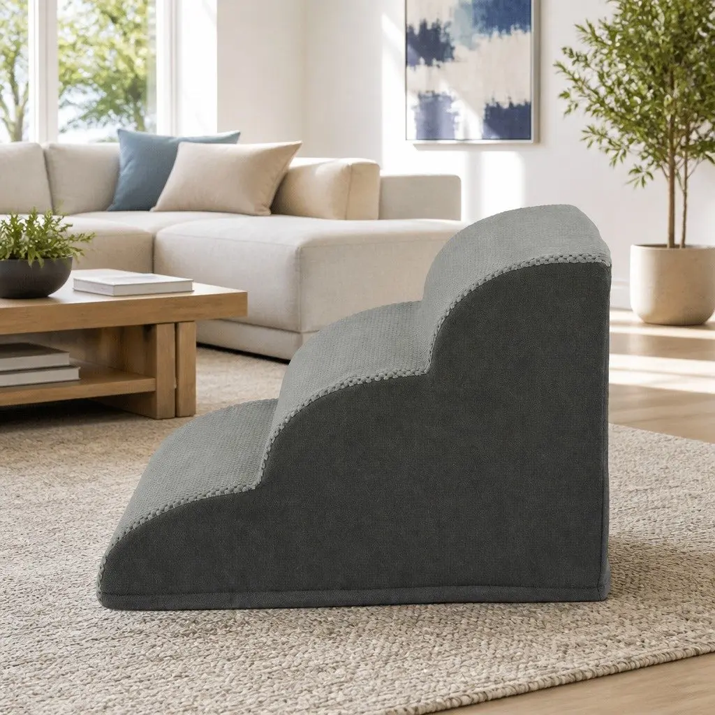 Dog Ramp Steps Foam Portable 3 Tier Indoor Grey