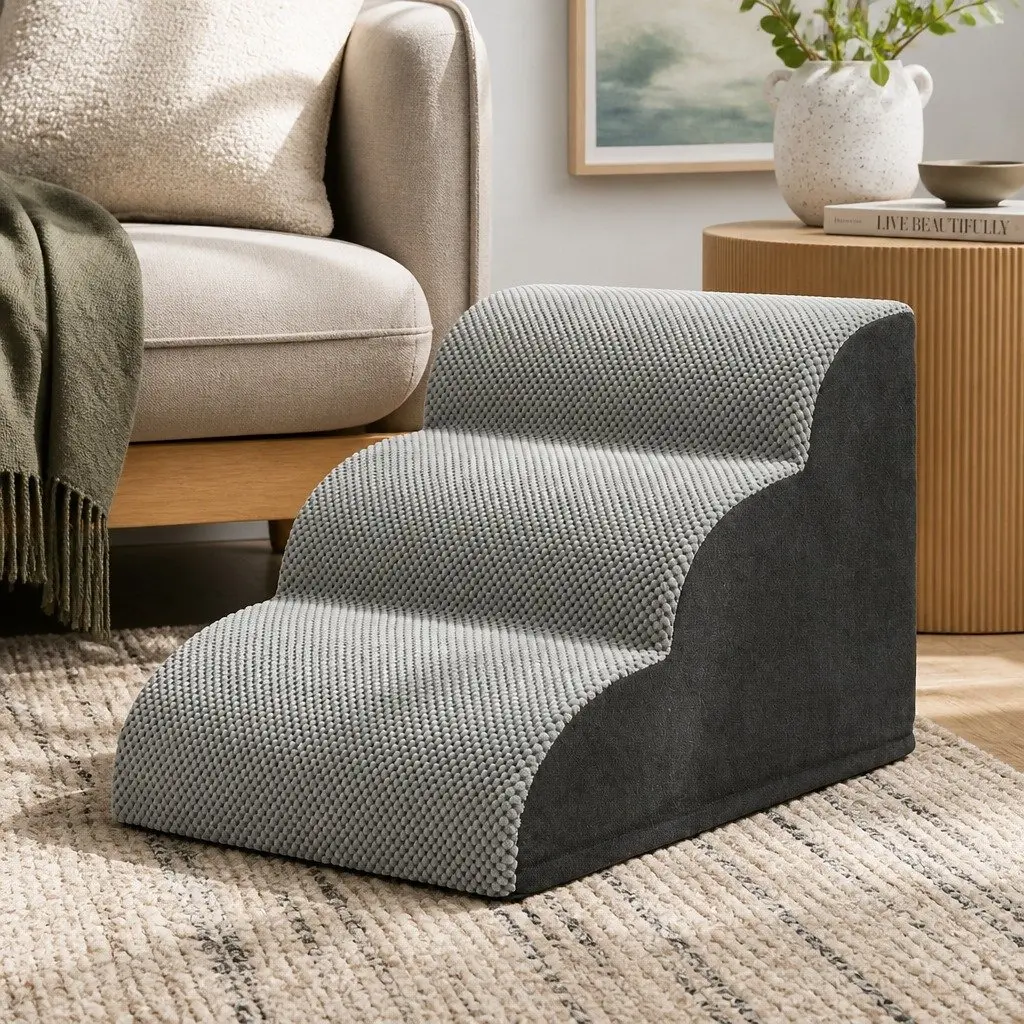 Dog Ramp Steps Foam Portable 3 Tier Indoor Grey