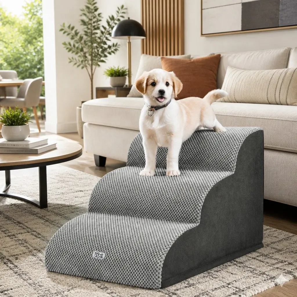 Dog Ramp Steps Foam Portable 3 Tier Indoor Grey