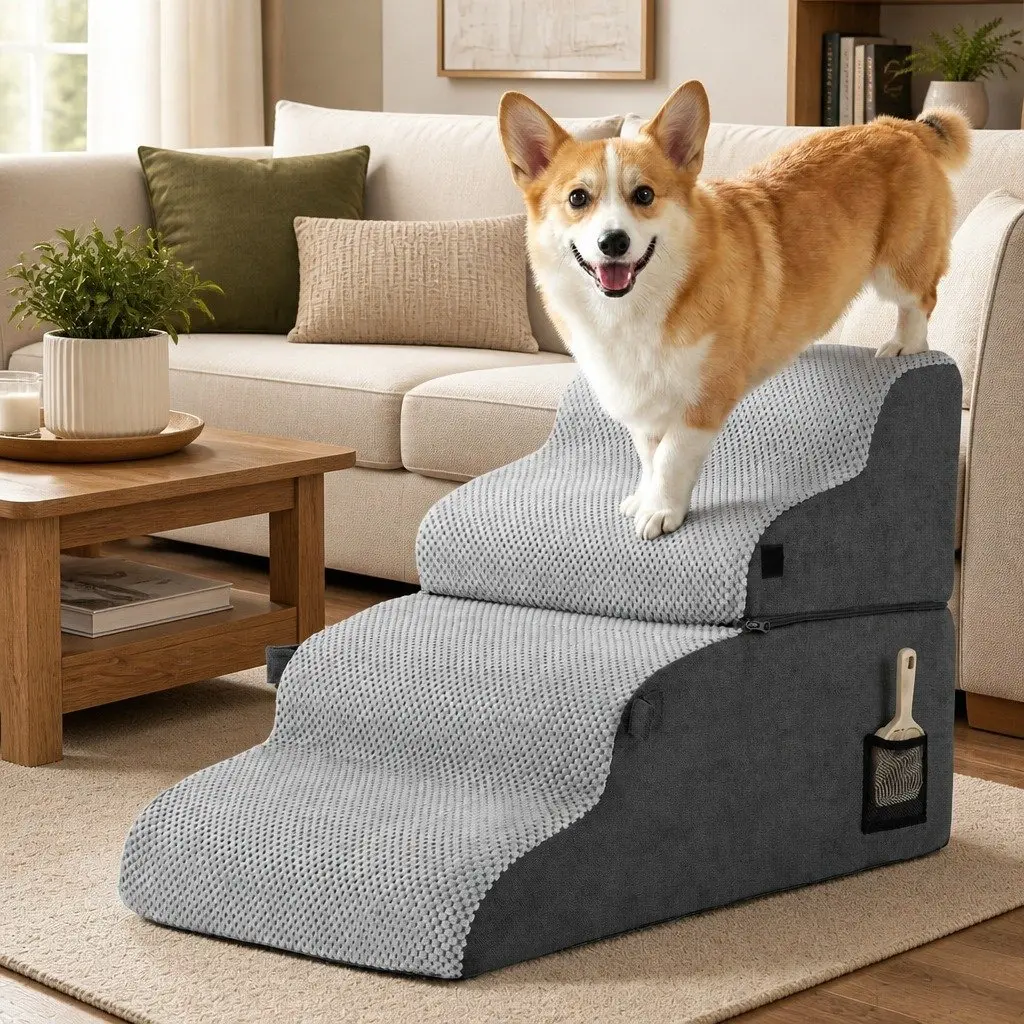 Dog Steps and Ramps 2-in-1 Foam Pet Stairs Bed Non-Slip Washable Grey 40cm x 71cm x 50cm