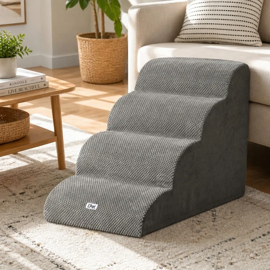 Dog Steps Ramp Foam 4 Tier Portable Indoor Grey