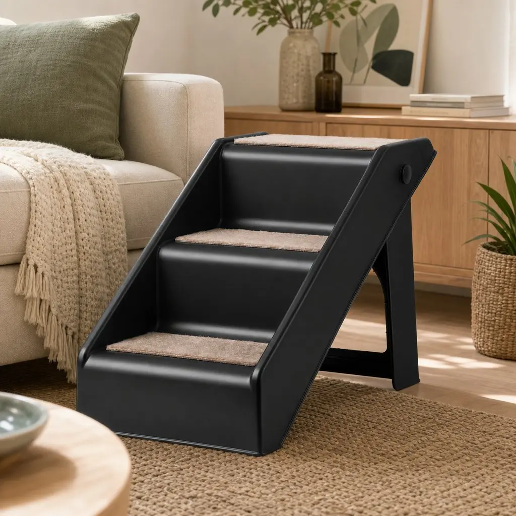 Dog Ramp Foldable 3 Steps Portable Pet Stairs for Bed Sofa Car Black