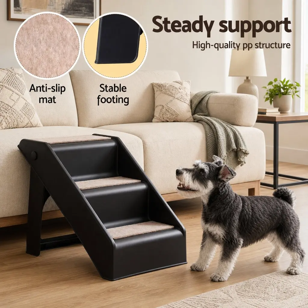 Dog Ramp Foldable 3 Steps Portable Pet Stairs for Bed Sofa Car Black