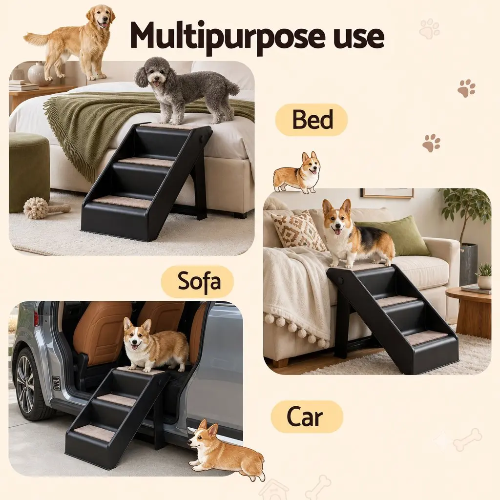 Dog Ramp Foldable 3 Steps Portable Pet Stairs for Bed Sofa Car Black