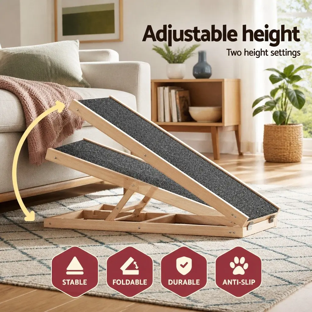 Dog Ramp Adjustable Height 70cm Wooden Foldable Pet Stairs for Bed Sofa Car