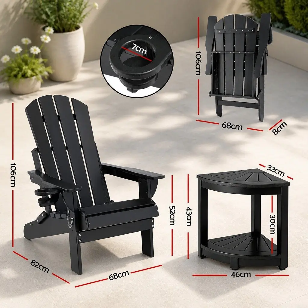 Outdoor Adirondack Chair and Table Set Foldable HDPE Black 3 Piece