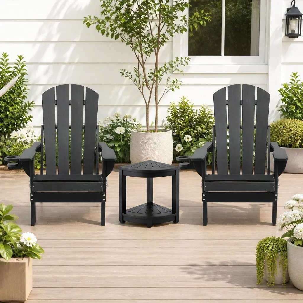 Outdoor Adirondack Chair and Table Set Foldable HDPE Black 3 Piece
