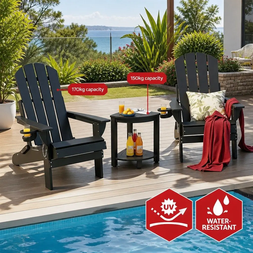 Outdoor Adirondack Chair and Table Set Foldable HDPE Black 3 Piece