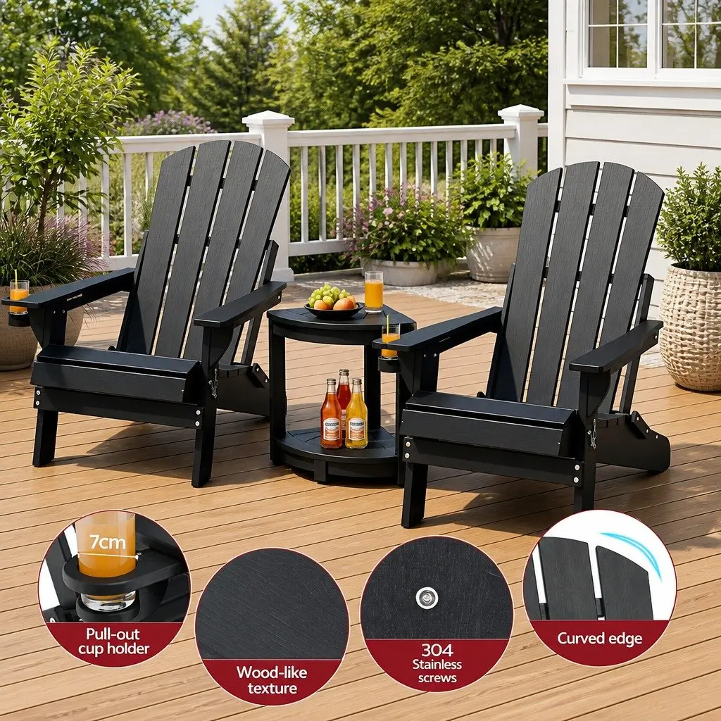 Outdoor Adirondack Chair and Table Set Foldable HDPE Black 3 Piece