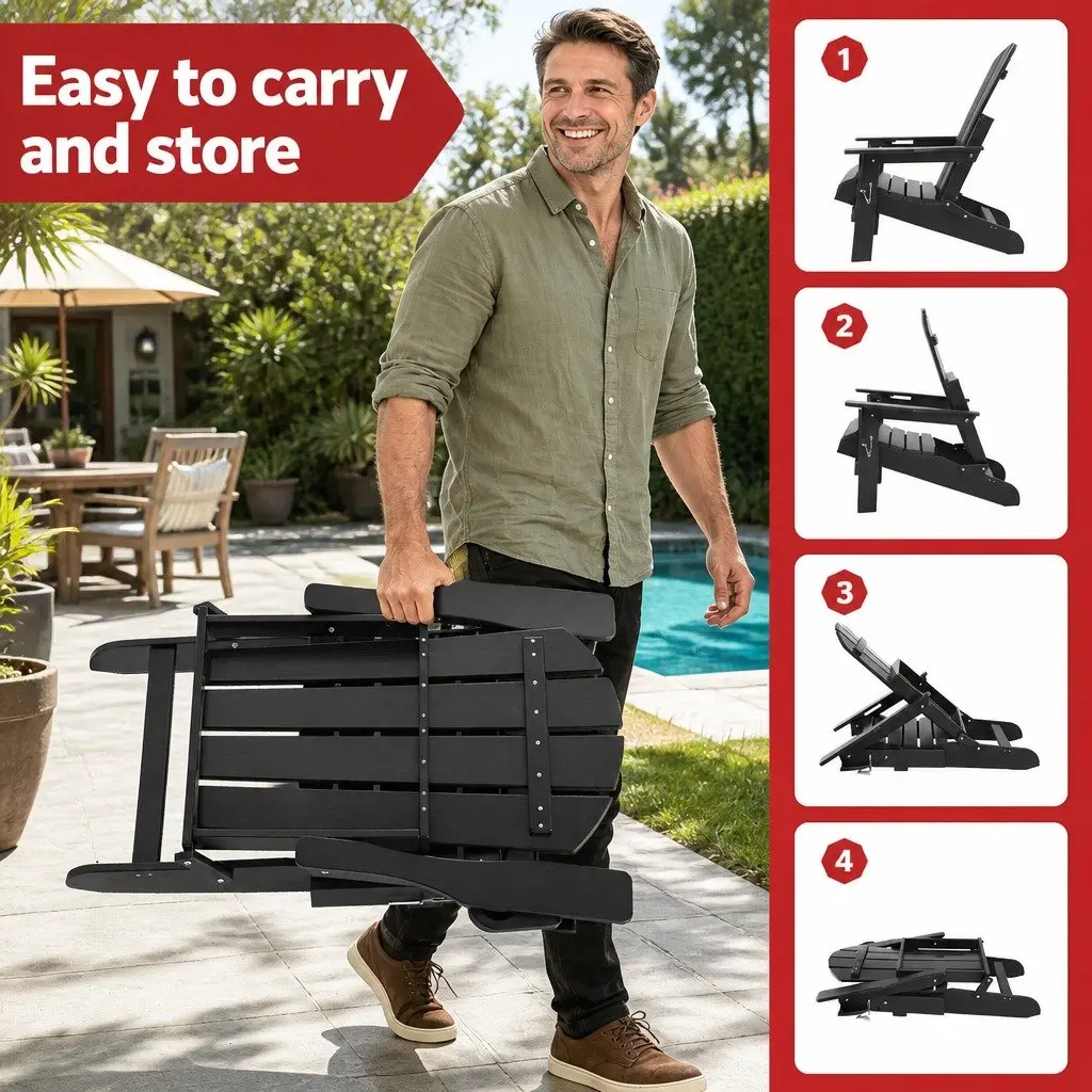 Outdoor Adirondack Chair and Table Set Foldable HDPE Black 3 Piece