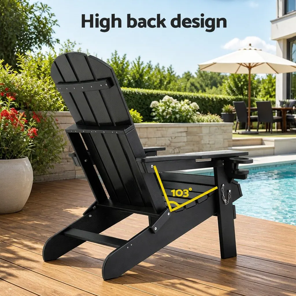 Outdoor Adirondack Chair and Table Set Foldable HDPE Black 3 Piece
