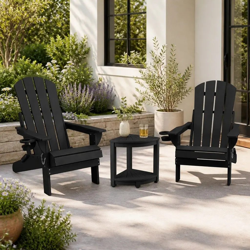 Outdoor Adirondack Chair and Table Set Foldable HDPE Black 3 Piece