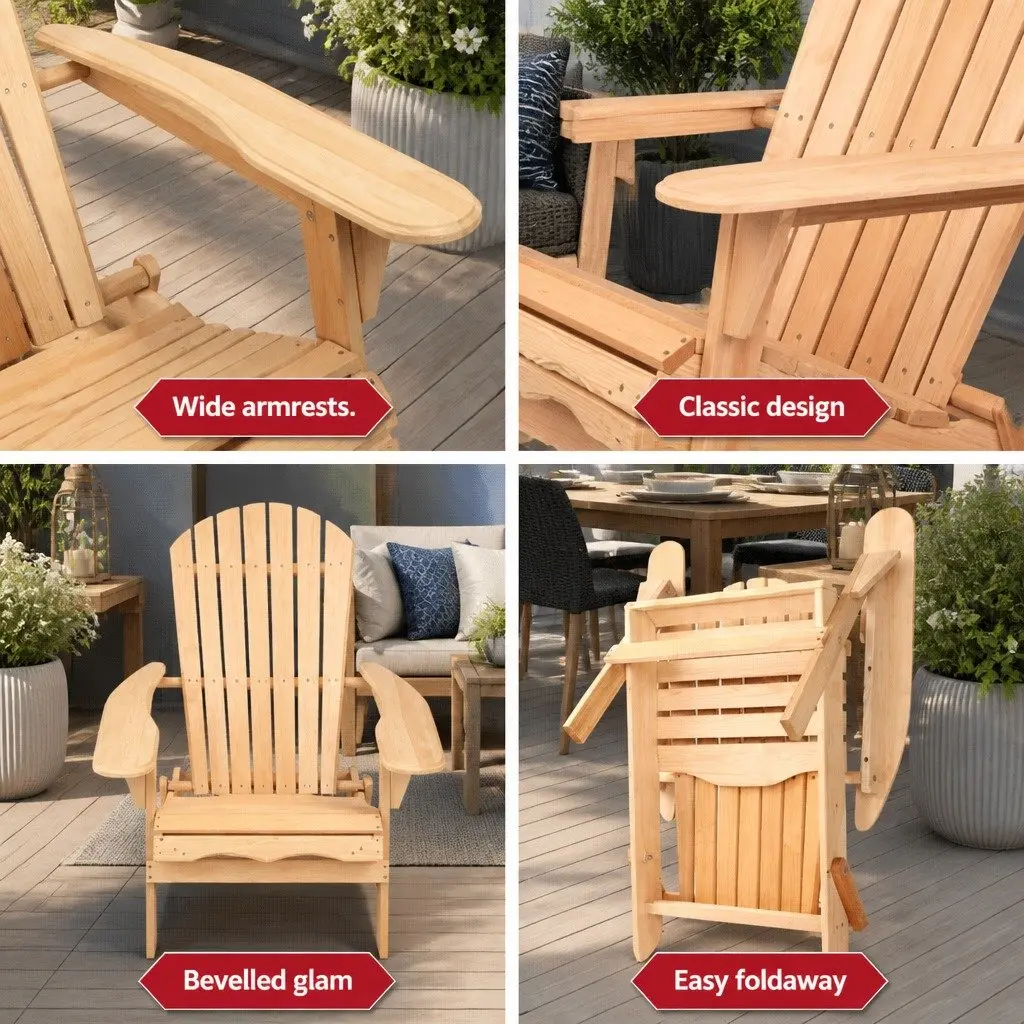 Adirondack Outdoor Chair Wooden Foldable Portable High Back Extra Wide Armrests