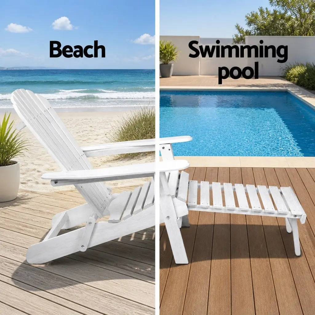 3 Piece Adirondack Outdoor Lounge Set Wooden Chairs Ottoman Side Table White
