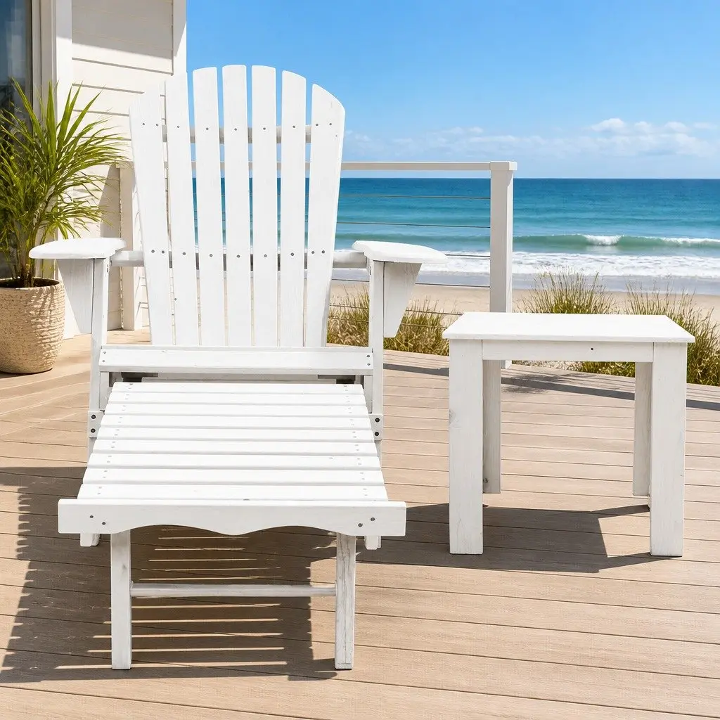 3 Piece Adirondack Outdoor Lounge Set Wooden Chairs Ottoman Side Table White