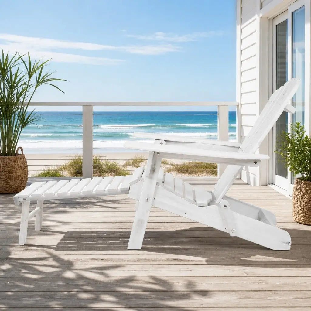 3 Piece Adirondack Outdoor Lounge Set Wooden Chairs Ottoman Side Table White
