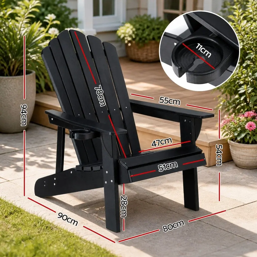 Adirondack Chair Weather-Resistant Black 103 Degree Reclined Backrest Wide Armrests Pull-Out Cup Holder