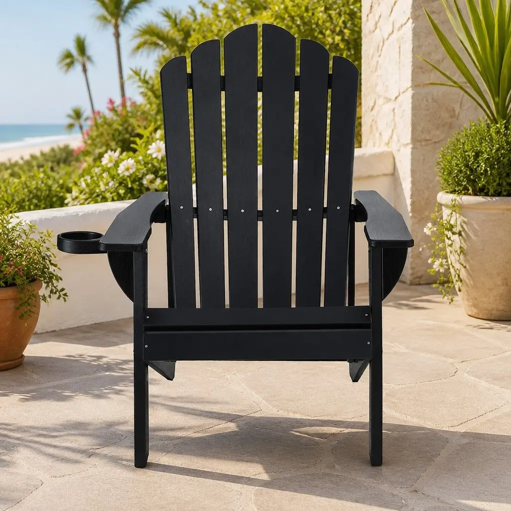 Adirondack Chair Weather-Resistant Black 103 Degree Reclined Backrest Wide Armrests Pull-Out Cup Holder