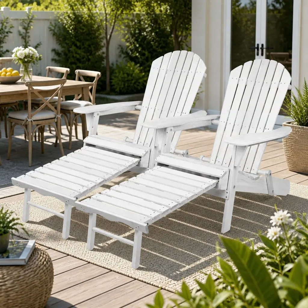 Adirondack Chairs 2PC Classic Foldable Wood Lounge Set with Footstool White
