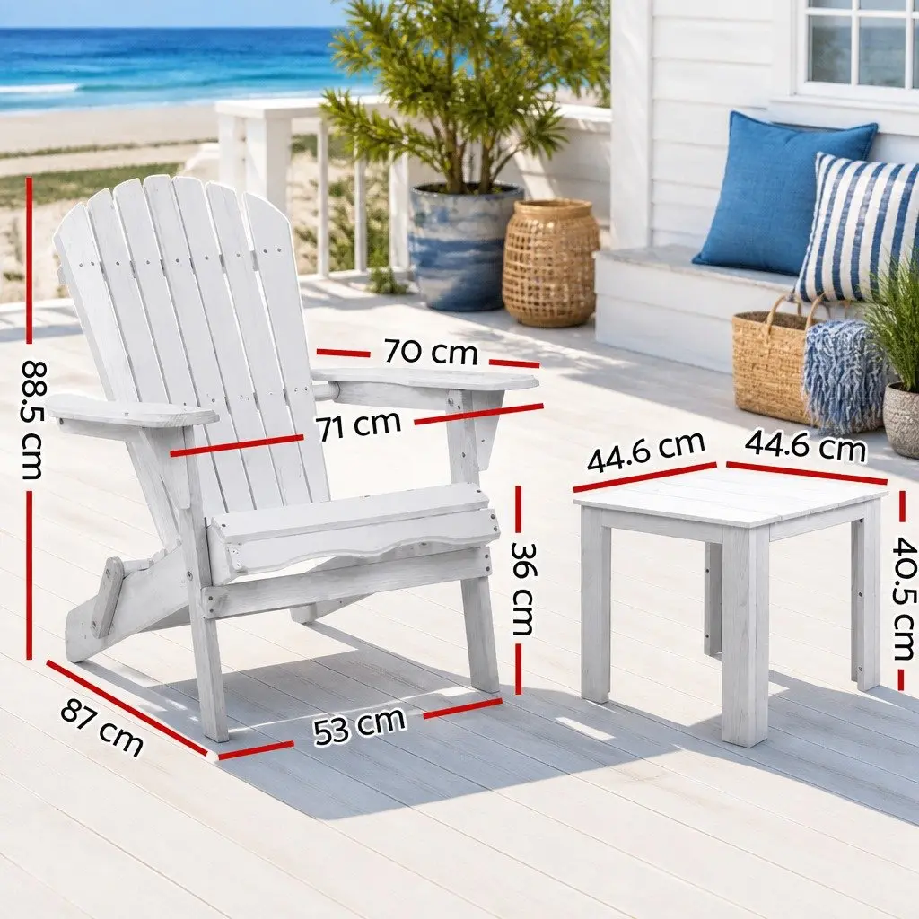 Adirondack Outdoor Lounge Set White Foldable Wooden 3 Piece High Back Chairs and Side Table