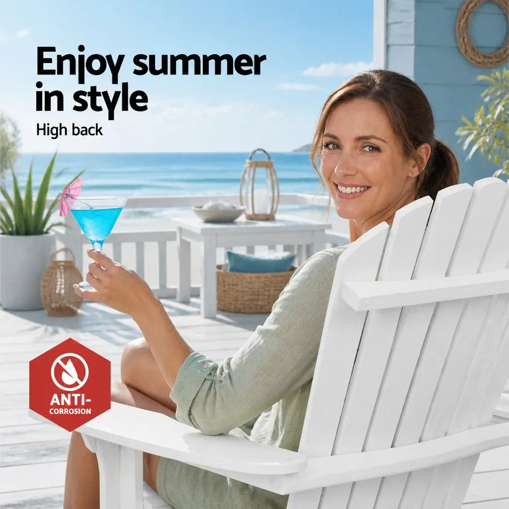 Adirondack Outdoor Lounge Set White Foldable Wooden 3 Piece High Back Chairs and Side Table