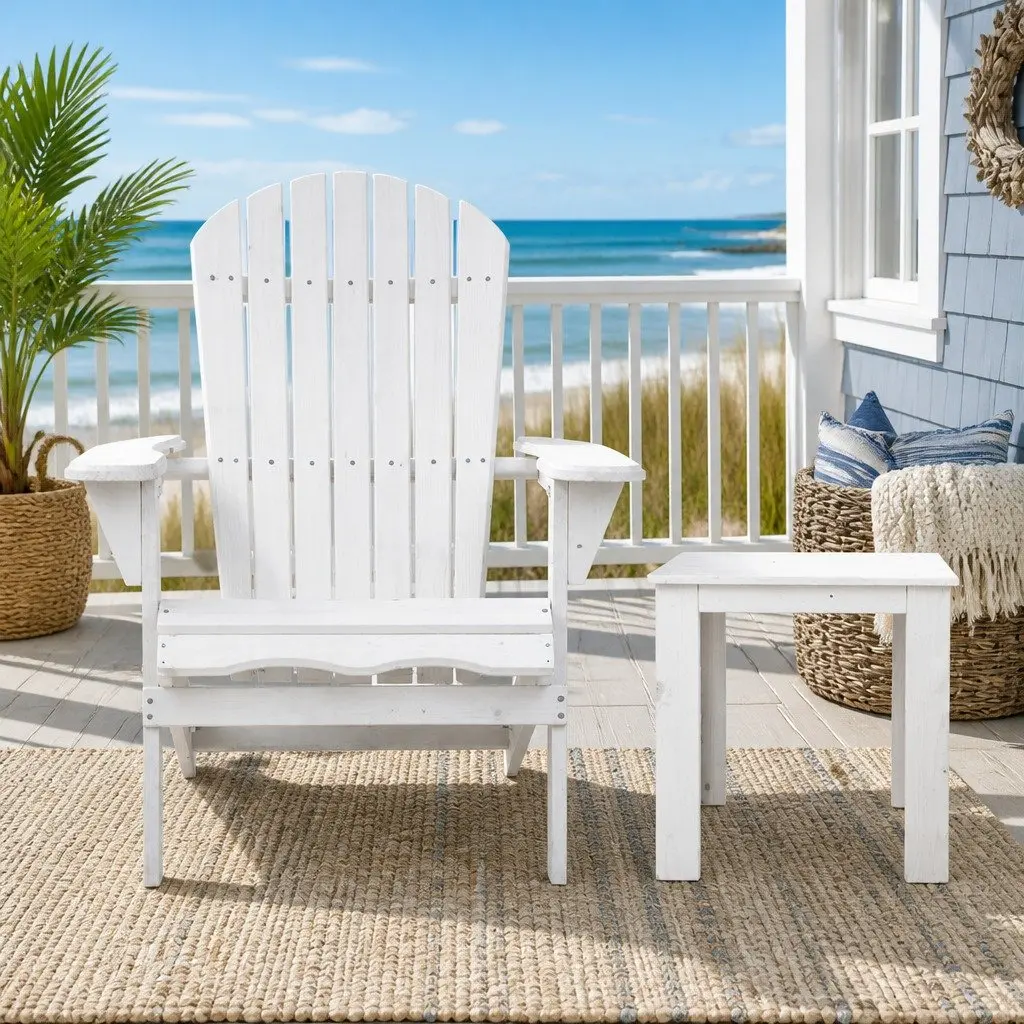 Adirondack Outdoor Lounge Set White Foldable Wooden 3 Piece High Back Chairs and Side Table