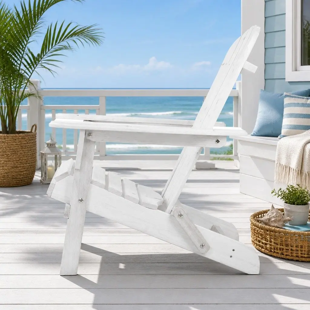 Adirondack Outdoor Lounge Set White Foldable Wooden 3 Piece High Back Chairs and Side Table