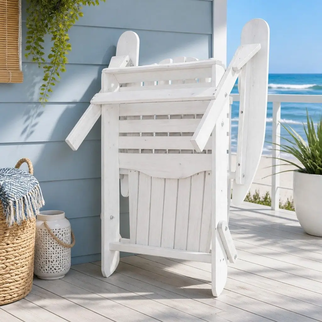 Adirondack Outdoor Lounge Set White Foldable Wooden 3 Piece High Back Chairs and Side Table