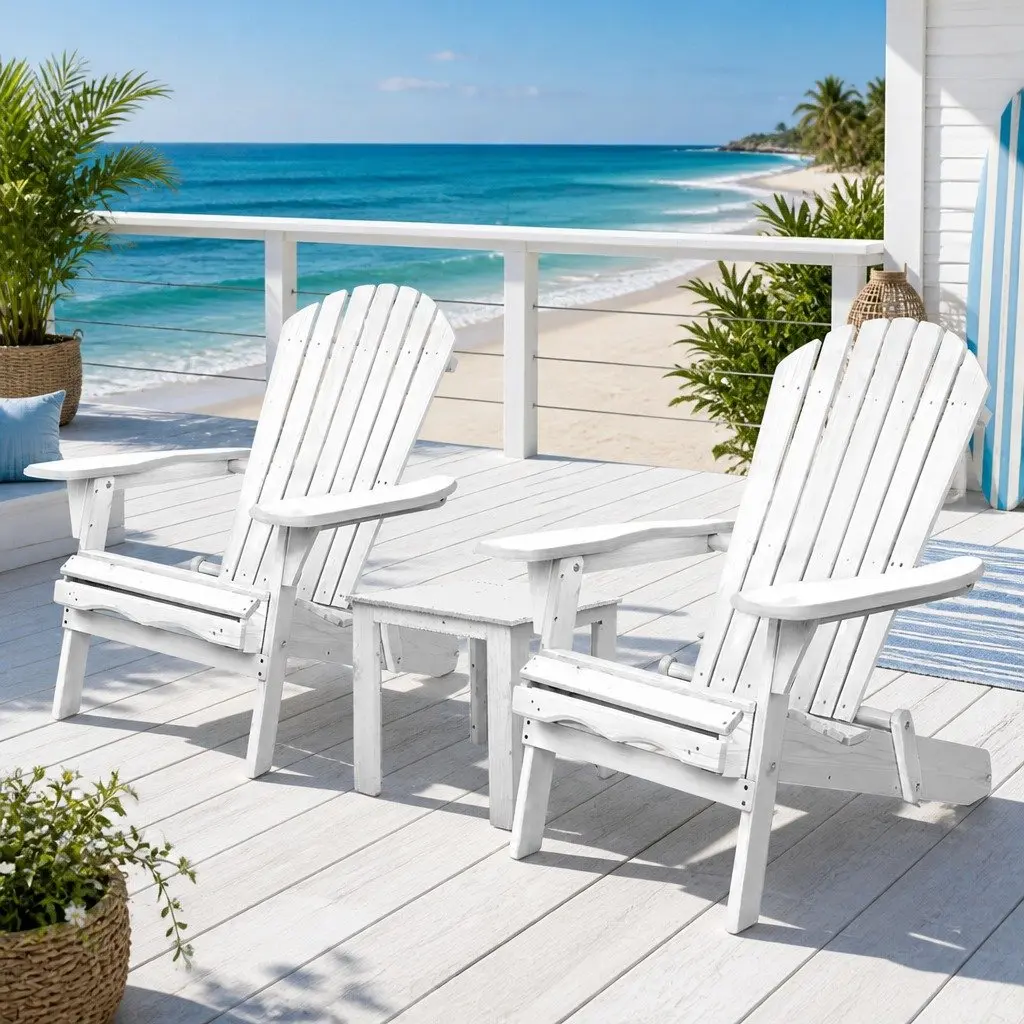 Adirondack Outdoor Lounge Set White Foldable Wooden 3 Piece High Back Chairs and Side Table