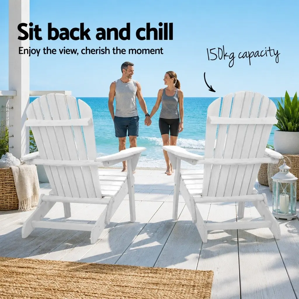 Adirondack Outdoor Lounge Set White Foldable Wooden 3 Piece High Back Chairs and Side Table