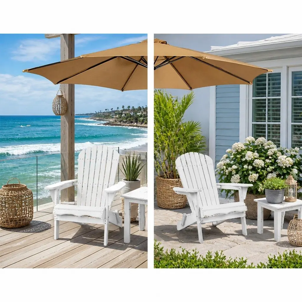Adirondack Outdoor Lounge Set White Foldable Wooden 3 Piece High Back Chairs and Side Table