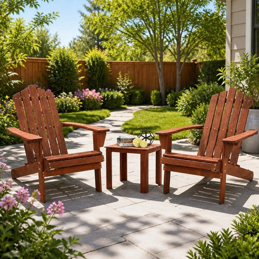 3 Piece Adirondack Wooden Outdoor Chair and Side Table Set Beach Patio Furniture