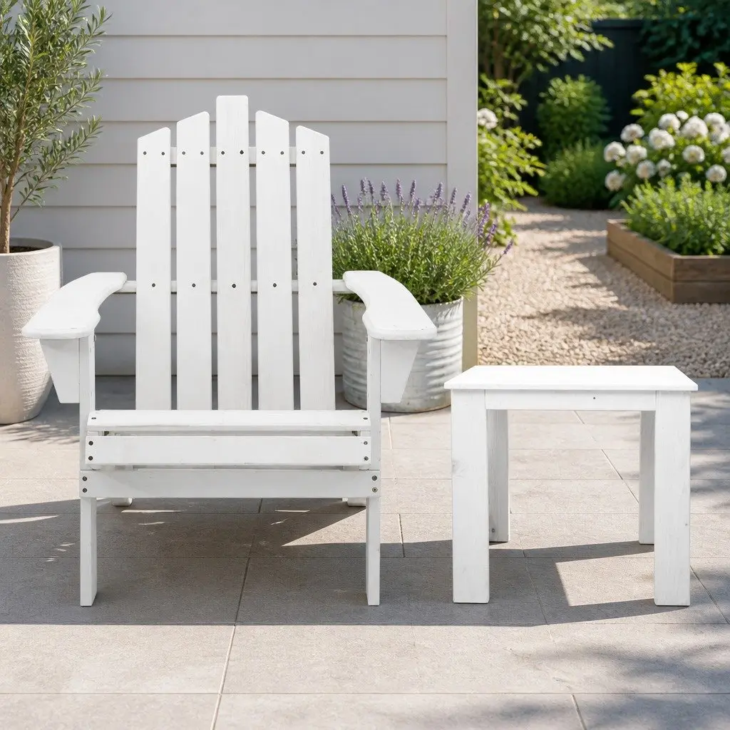 Wooden Outdoor Lounge Set Adirondack Chairs and Side Table 3 Piece White