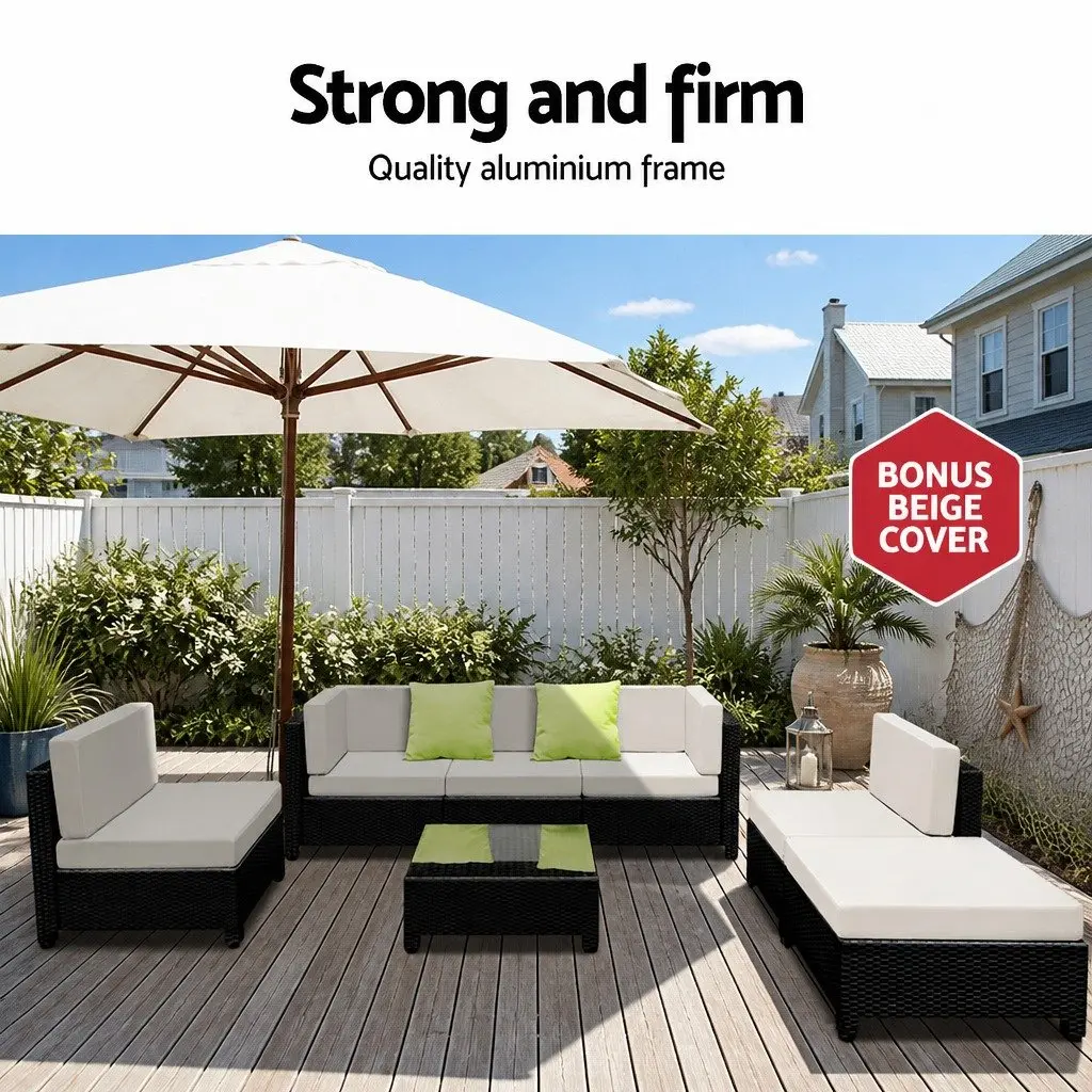 7-Piece Outdoor Wicker Sofa Lounge Set with Coffee Table Cushions Grey Black