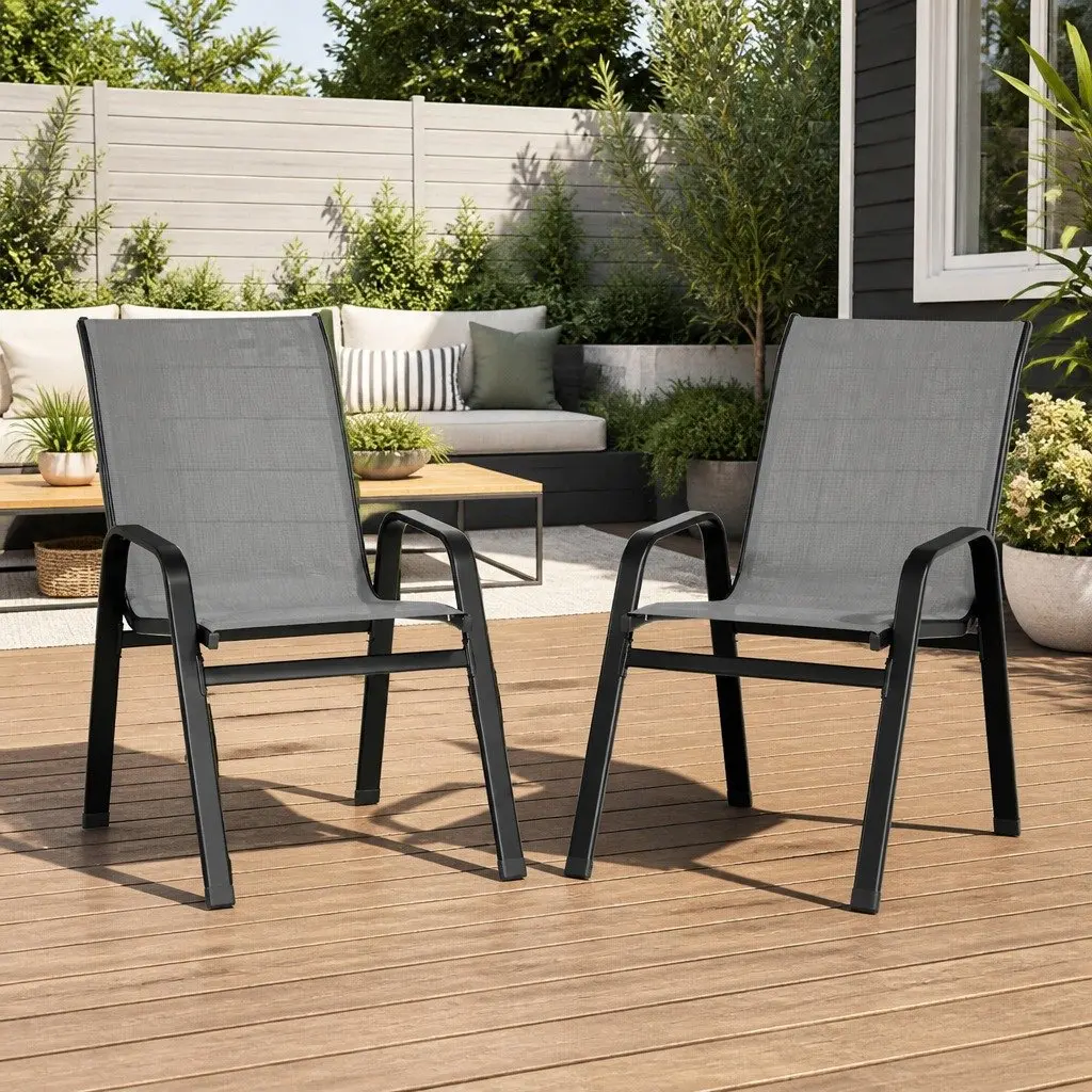 Stackable Outdoor Dining Chairs Grey Patio Lounge Furniture Set Metal Frame