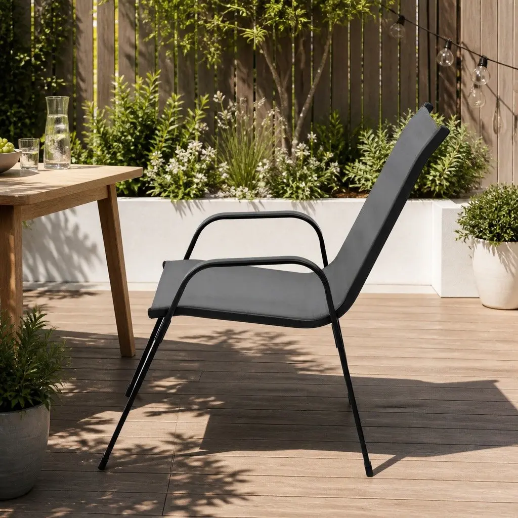Stackable Outdoor Dining Chairs Grey Steel Frame Textilene Fabric 4 Piece