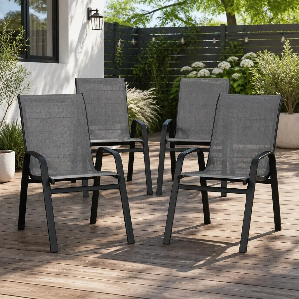 Stackable Outdoor Dining Chairs Grey Steel Frame Textilene Fabric 4 Piece