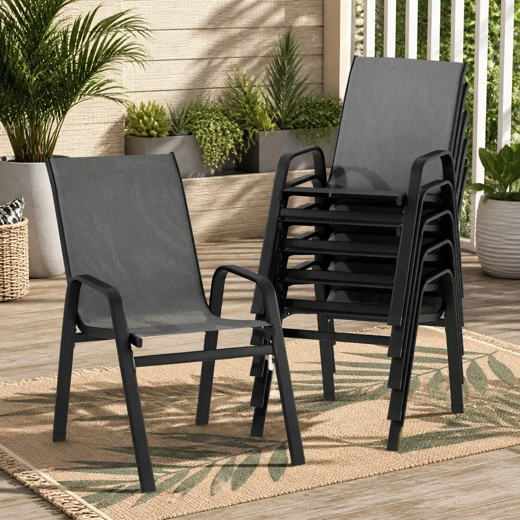 Outdoor Stackable Dining Chairs Set 6PC Grey Steel Frame Textilene Fabric