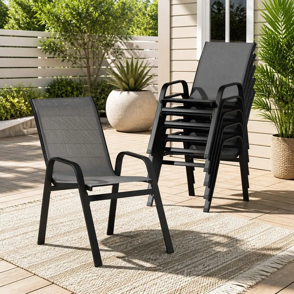 Outdoor Stackable Dining Chairs Set 6PC Grey Steel Frame Textilene Fabric